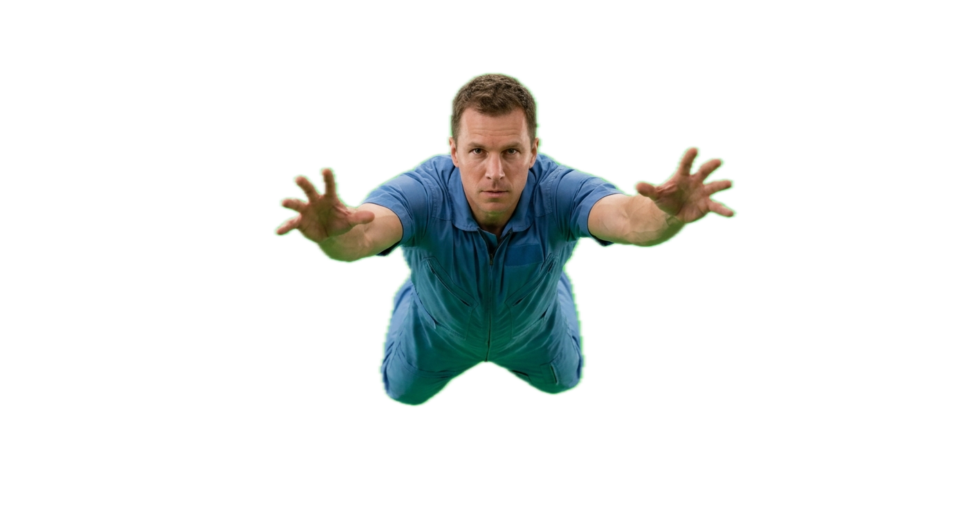 Man in blue jumpsuit floating and reaching out toward the camera